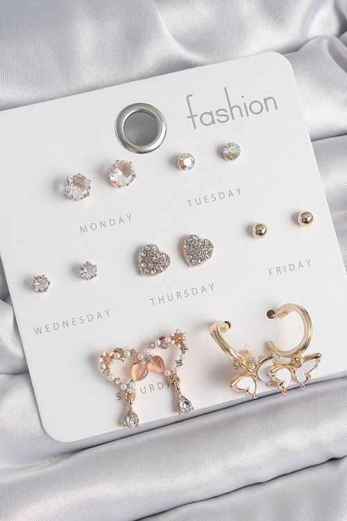 Pirinç Gold Renk Zirkon Taşlı Sallantılı Kalp Figür Kelebek Detay 7 Çift Kadın Küpe Seti