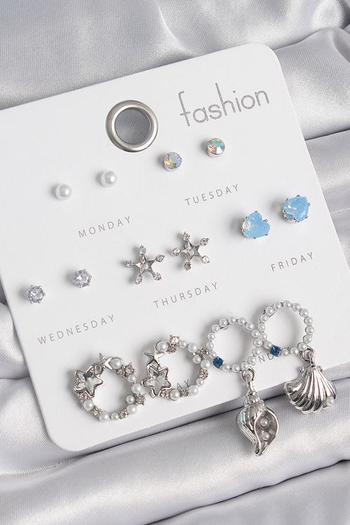 Pirinç Gümüş Renk İncli Zirkon Taşlı Halka Figür Yıldız Detay 7 Çift Kadın Küpe Seti