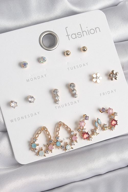 Pirinç Gold Renk Zirkon Taşlı Damla Model Yıldız Detaylı 7 Çift Kadın Küpe Seti