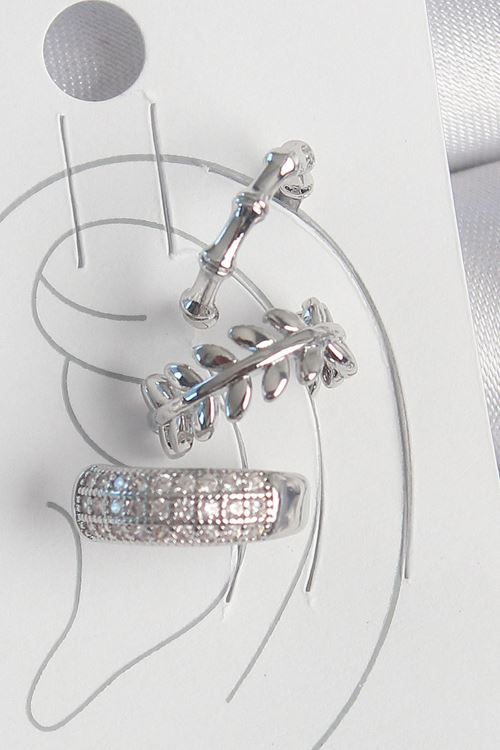 Pirinç Gümüş Renk Zirkon Taşlı 3'Lü Model Yaprak Figür Kadın Kıkırdak Küpe