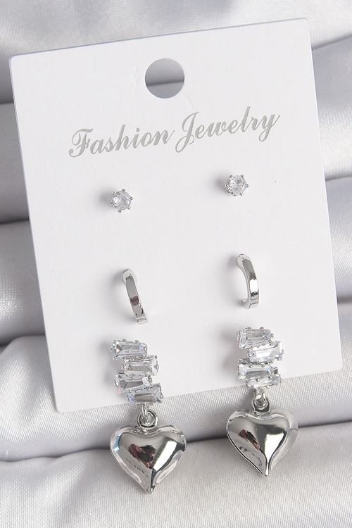 Pirinç Gümüş Renk Zirkon Taşlı Sallantılı Kalp Model Yarım Halka Detay 3 Çfit Kadın Küpe Seti