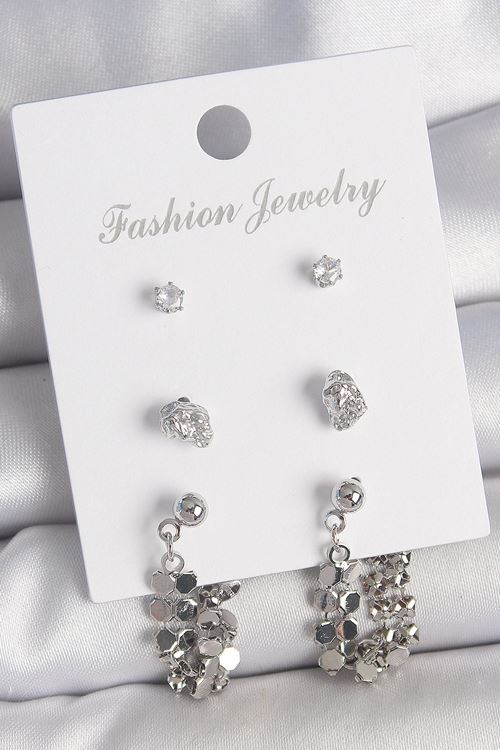 Pirinç Gümüş Renk Zirkon Taşlı Pullu Sallantılı Model 3 Çift Kadın Küpe Seti