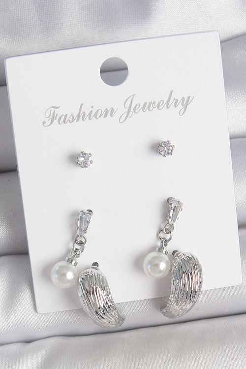 Pirinç Gümüş Renk Sallantılı Zirkon Taşlı Damla Model 3 Çift Kadın Küpe Seti