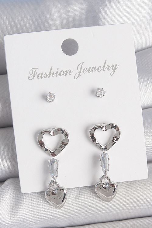 Pirinç Gümüş Renk Zirkon Taş Detaylı Sallantı Model 2 Çift Kadın Küpe Seti