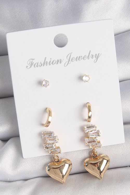 Pirinç Gold Renk Zirkon Taşlı Sallantılı Kalp Model Yarım Halka Detay 3 Çift Kadın Küpe Seti