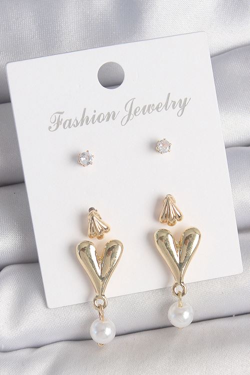 Pirinç Gold Renk Zirkon Taşlı İncili Sallantılı Kalp Model 3 Çift Kadın Küpe Seti