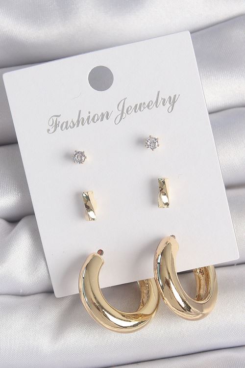 Pirinç Gold Renk Zirkon Taşlı Halka Model 3 Çift Kadın Küpe Seti