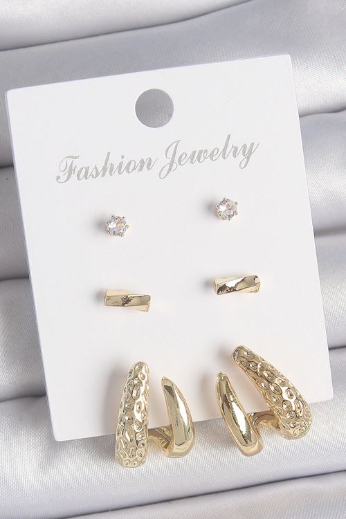 Pirinç Gold Renk Zirkon Taşlı İncili Kelebek Model 3 Çift Kadın Küpe Seti