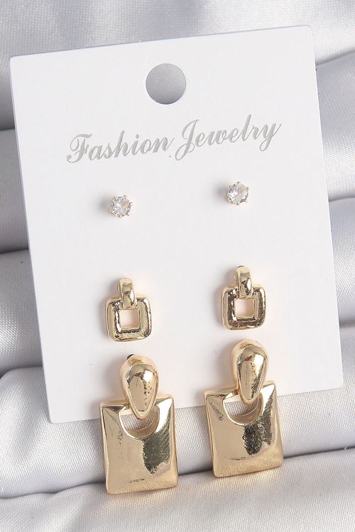Pirinç Gold Renk Zirkon Taşlı Sallantılı Kare Model 3 Çift Kadın Küpe Seti