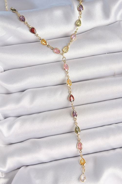 Gold Karışık Renk Zirkon Taşlı Y Pirinç Kolye