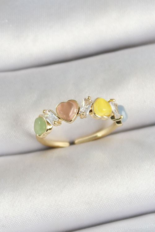 Pirinç Sıralı Kalp Figürlü Zirkon Taşlı Gold Renk Ayarlanabilir Kadın Yüzük