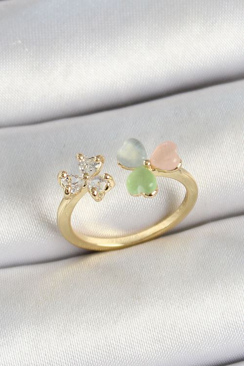 Pirinç Kalp Figürlü Zirkon Taşlı Gold Renk Ayarlanabilir Kadın Yüzük