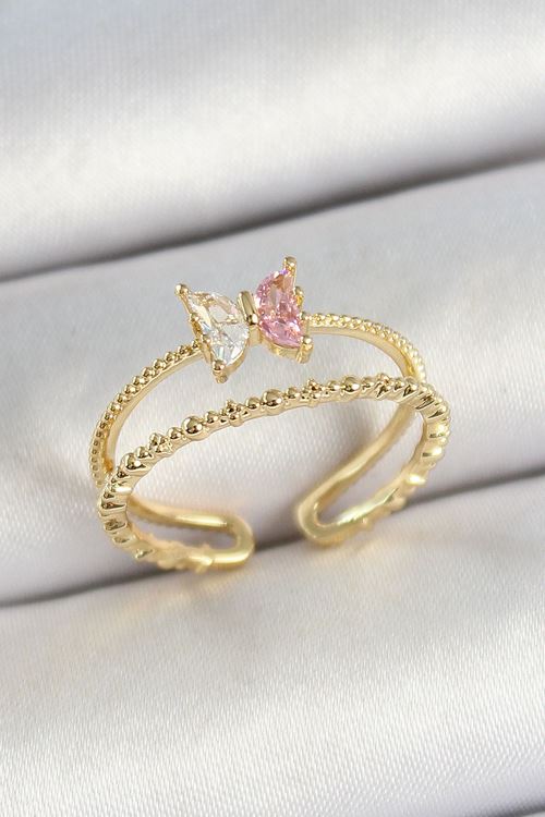 Pirinç Kelebek Figürlü Zirkon Taşlı Gold Renk Ayarlanabilir Kadın Yüzük