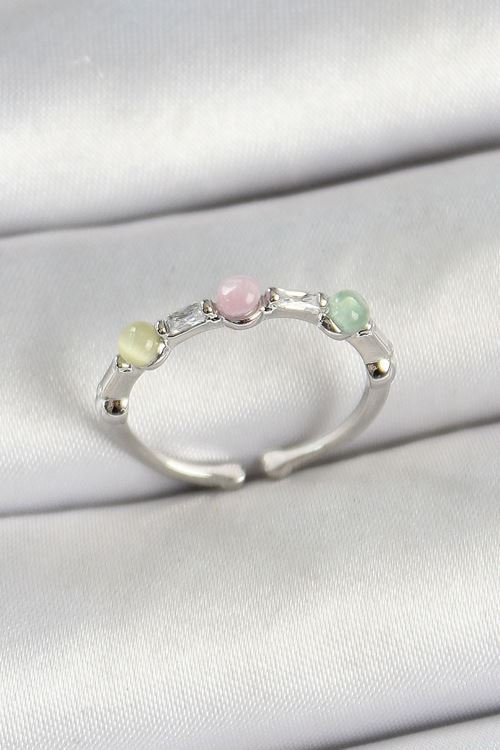 Pirinç Sıralı Boncuk Figürlü Zirkon Taşlı Gümüş Renk Ayarlanabilir Kadın Yüzük