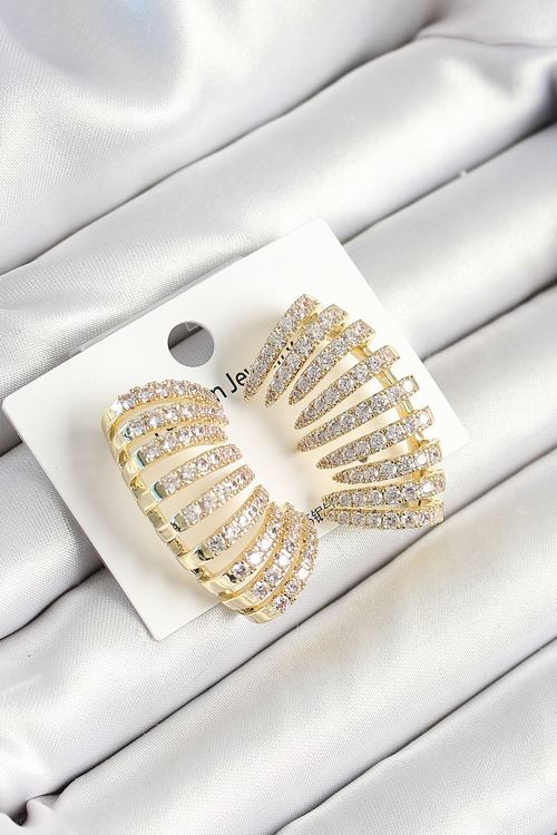 Pirinç Zirkon Taşlı Çoklu Görünümlü Model Gold Renk Kadın Küpe