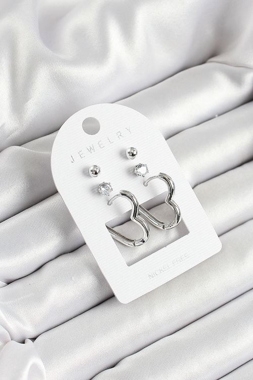 Pirinç Zirkon Taş Ve Kalp Figürlü Gümüş Renk 3'lü Çift Kadın Küpe Set