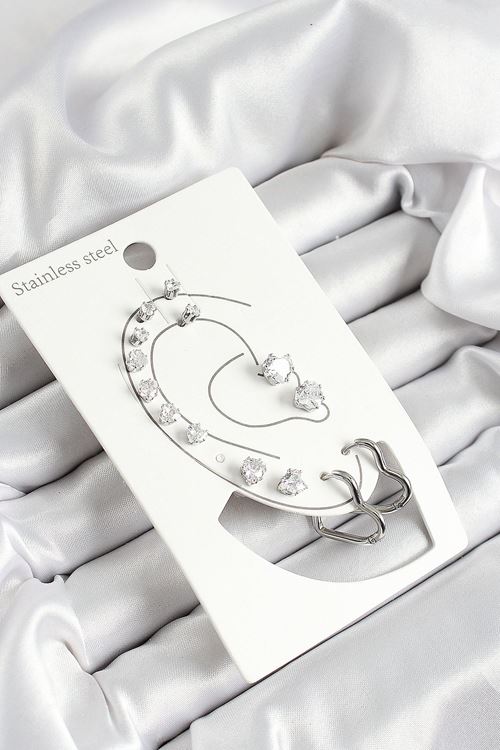 316L Çelik Kalp Figürlü Ve Zirkon Taşlı Gümüş Renk 7'li Çift Kadın Küpe Set