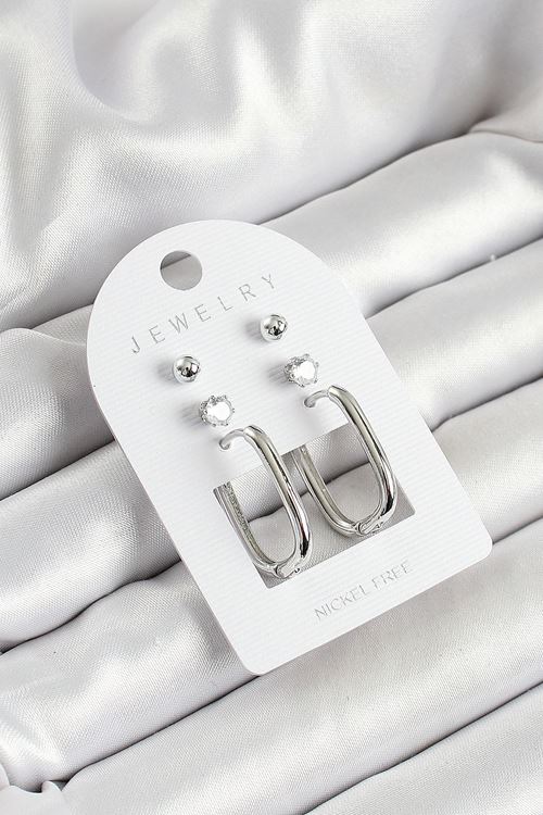 Pirinç Zirkon Taş Ve Dikdörtgen Figürlü Gümüş Renk 3'lü Çift Kadın Küpe Set