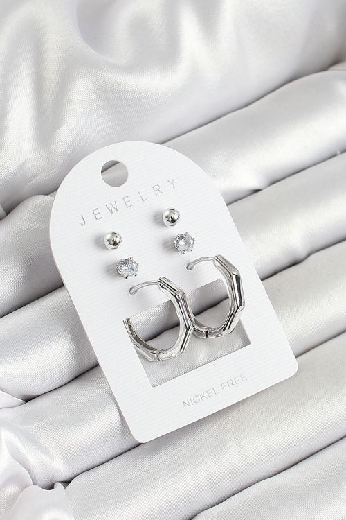 Pirinç Zirkon Taş Ve Kemik Halka Figürlü Gümüş Renk 3'lü Çift Kadın Küpe Set