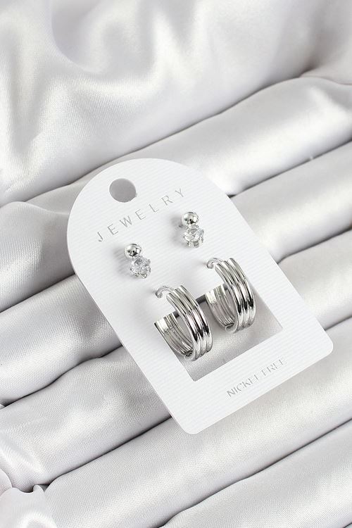 Pirinç Zirkon Taş Ve Halka Figürlü Gümüş Renk 3'lü Çift Kadın Küpe Set