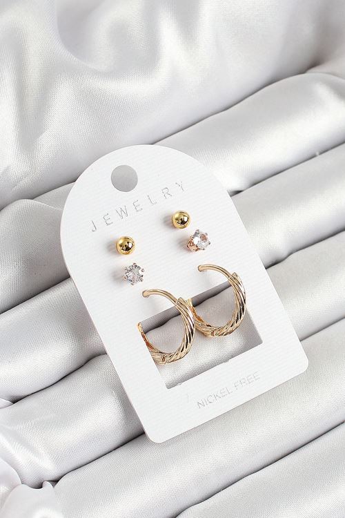 Pirinç Zirkon Taş Ve Halka Figürlü Gold Renk 3'lü Çift Kadın Küpe Set