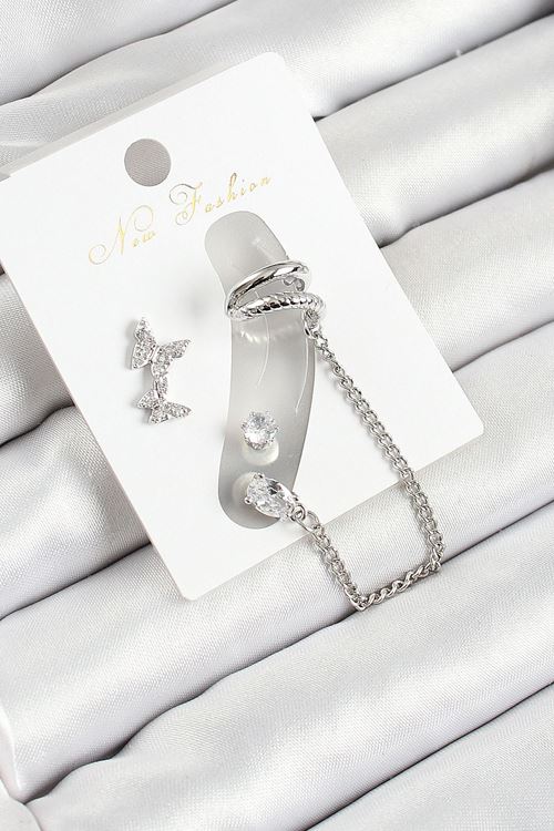 Pirinç Kelebek Figürlü Zirkon Taşlı Gümüş Renk 3'lü Kıkırdak Kadın Küpe Set