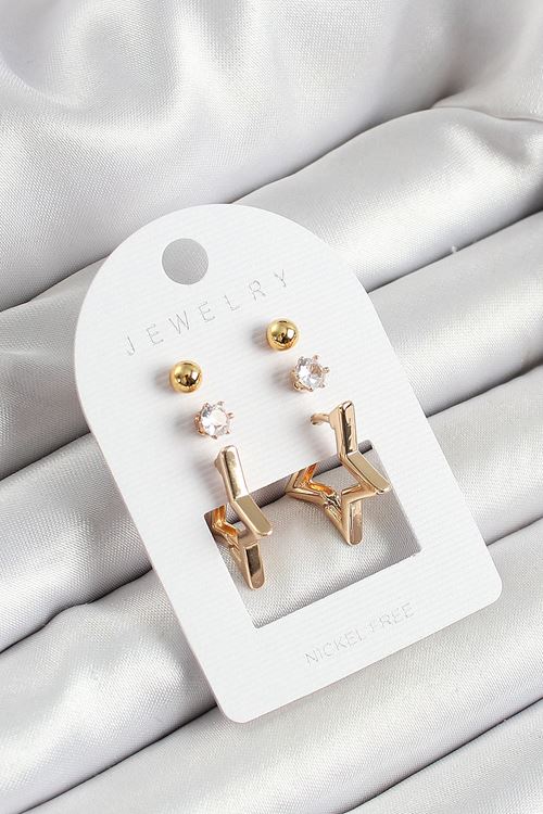 Pirinç Zirkon Taş Ve Yıldız Figürlü Gold Renk 3'lü Çift Kadın Küpe Set