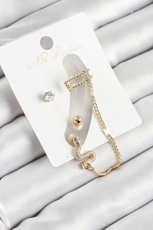 Pirinç Yılan Figürlü Zirkon Taşlı Gold Renk 3'lü Kıkırdak Kadın Küpe Set