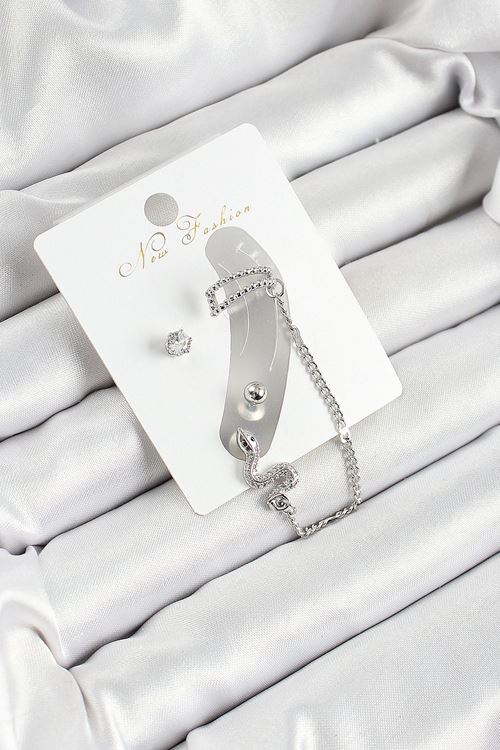 Pirinç Yılan Figürlü Zirkon Taşlı Gümüş Renk 3'lü Kıkırdak Kadın Küpe Set