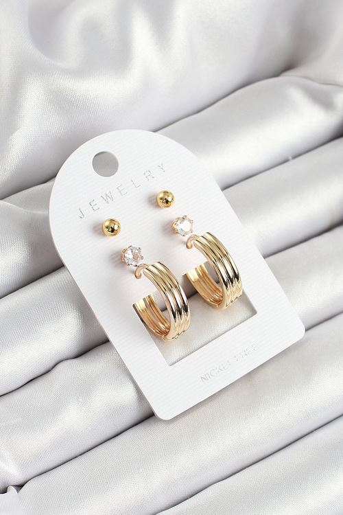 Pirinç Zirkon Taş Ve Halka Figürlü Gold Renk 3'lü Çift Kadın Küpe Set