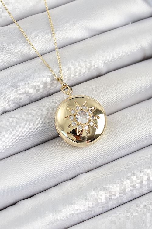 316L Çelik Zincir Açılabilir Madalyon Model Zirkon Taşlı Gold Renk Kadın Kolye