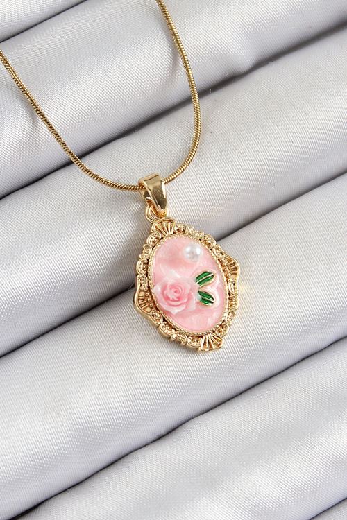 316L Çelik Zincir Pembe Sanatsal Portre İnci Detaylı Gül Figürlü Model Gold Renk Kadın Kolye