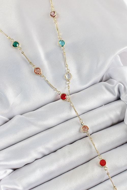 Pirinç Asorti Model Gold Renk Zirkon Taşlı Y Kolye