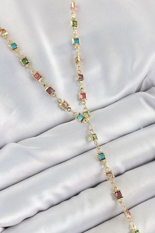 Pirinç Asorti Kare Model Gold Renk Zirkon Taşlı Y Kolye