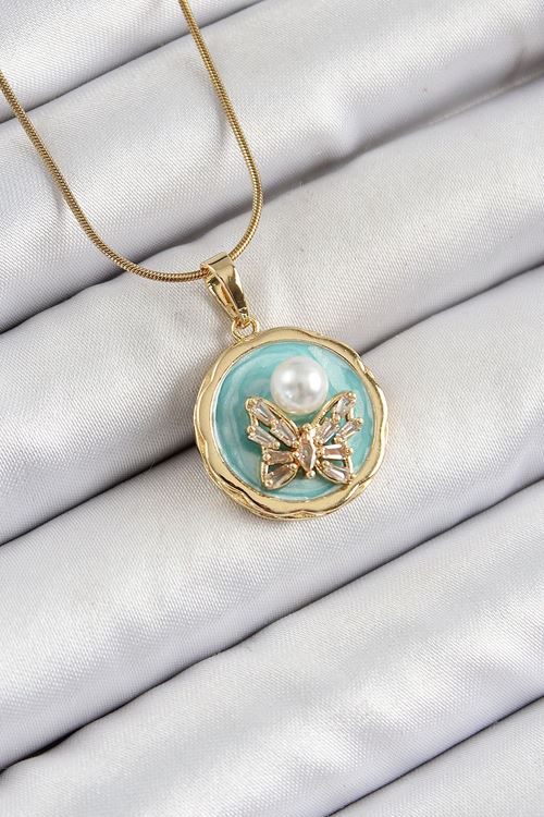 316L Çelik Zincir Zirkon Taşlı Turkuaz Sanatsal Portre İnci Detaylı Kelebek Model Gold Renk Kadın Kolye