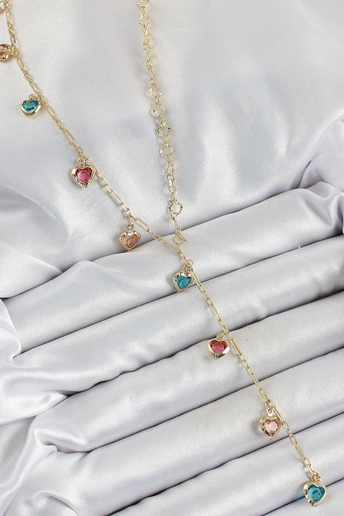 Pirinç Asorti Kalp Model Gold Renk Zirkon Taşlı Y Kolye