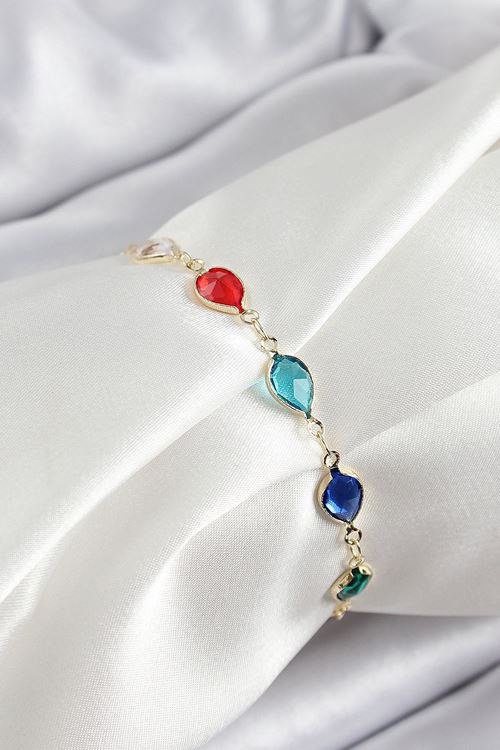 Pirinç Gold Renk Karışık Renk Damla Zirkon Taşlı Kadın Bileklik