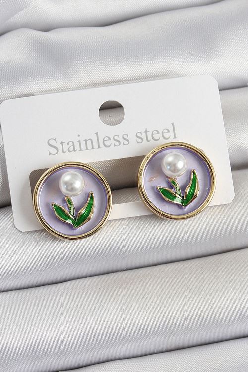 Pirinç Mor Mineli Lale Figürlü Sanatsal Portre Model Gold Renk Kadın Küpe