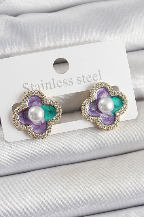 Pirinç Mor Mineli İnci Detaylı Zirkon Taşlı Sanatsal Portre Yonca Model Gold Renk Kadın Küpe