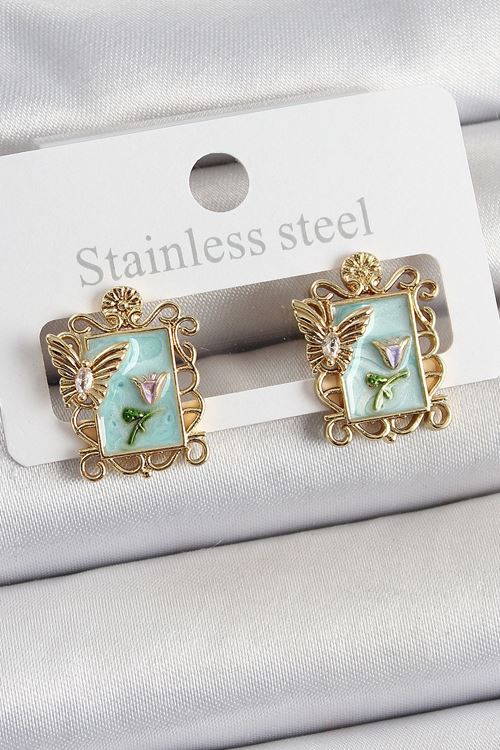 Pirinç Yeşil Mineli Sanatsal Portre Model Gold Renk Kadın Küpe