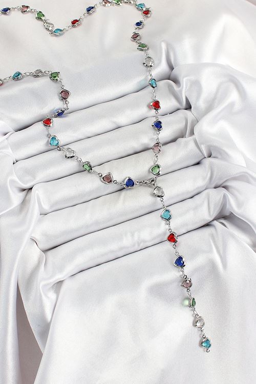 Pirinç Gümüş Renk Karışık Renk Zirkon Taşlı Kalpli Y Kadın Kolye