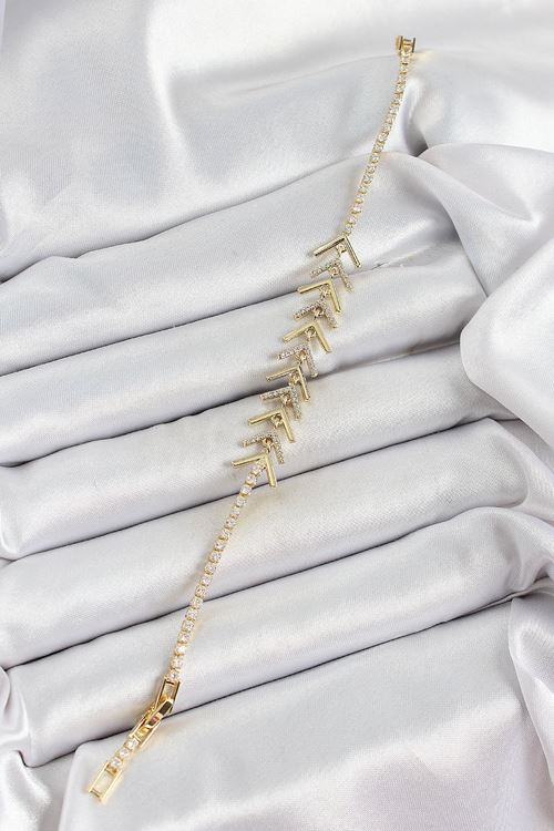 Pirinç Gold Renk Zirkon Taşlı Balık Sırtı Kadın Bileklik