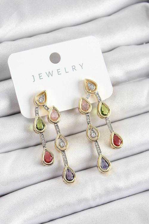 Pirinç Çoklu Damla Model Karşık Zirkon Taşlı Gold Ve Gümüş Renk Kadın Küpe