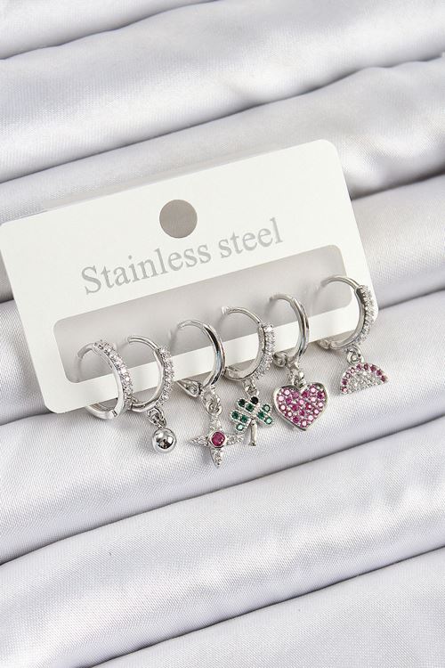 Pirinç Zirkon Taşlı Karpuz Yonca Kalp Pusula Karışık Model Gümüş Renk 6'lı Set Kadın Küpe