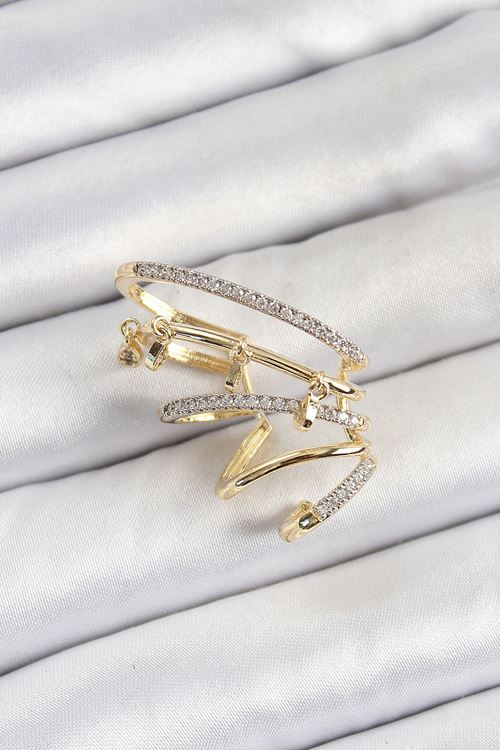 Pirinç Zirkon Taşlı Sıkıştırma Sağ Kıkırdak Gold Renk Kadın Küpe