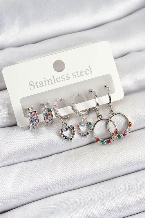 Pirinç Zirkon Taşlı Kalp Ve Halka Model Gold Renk 6'lı Set Kadın Küpe