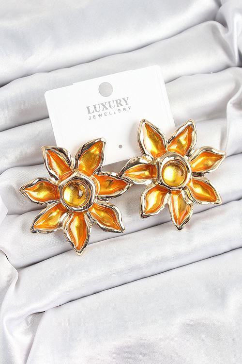 Pirinç Mineli Alevli Çiçek Model Gold Renk Kadın Küpe