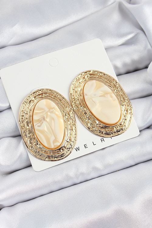 Pirinç Mermer Desenlli Bej Sedef Oval Vintage Model Gold Renk Kadın Küpe