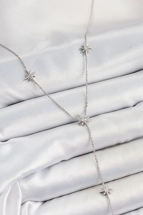 Pirinç Zirkon Taşlı Kutup Yıldız Figürlü Y Model Gümüş Renk Kadın Kolye