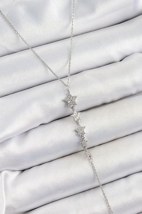 Pirinç Zirkon Taşlı Sıralı Yıldız Figürlü Y Model Gümüş Renk Kadın Kolye